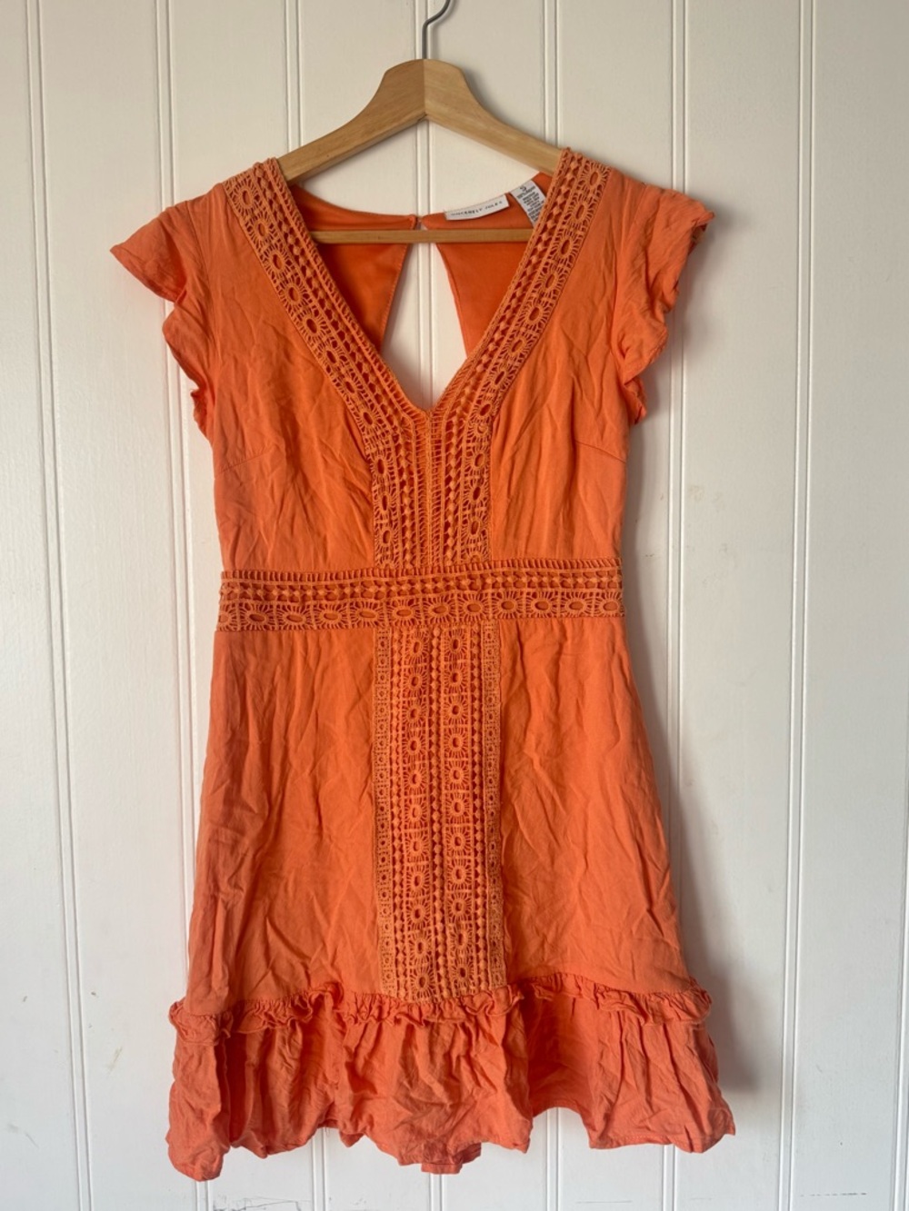 Sincerely Jules coral Crochet-Trim V-Neck Mini Dress